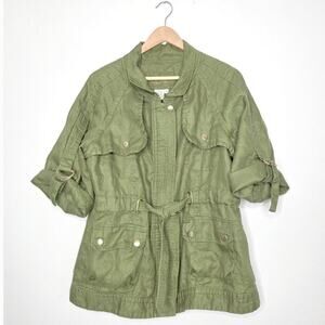 LAL Live a Little Olive Green 100% Linen Utility Jacket Belted Cargo Field XL